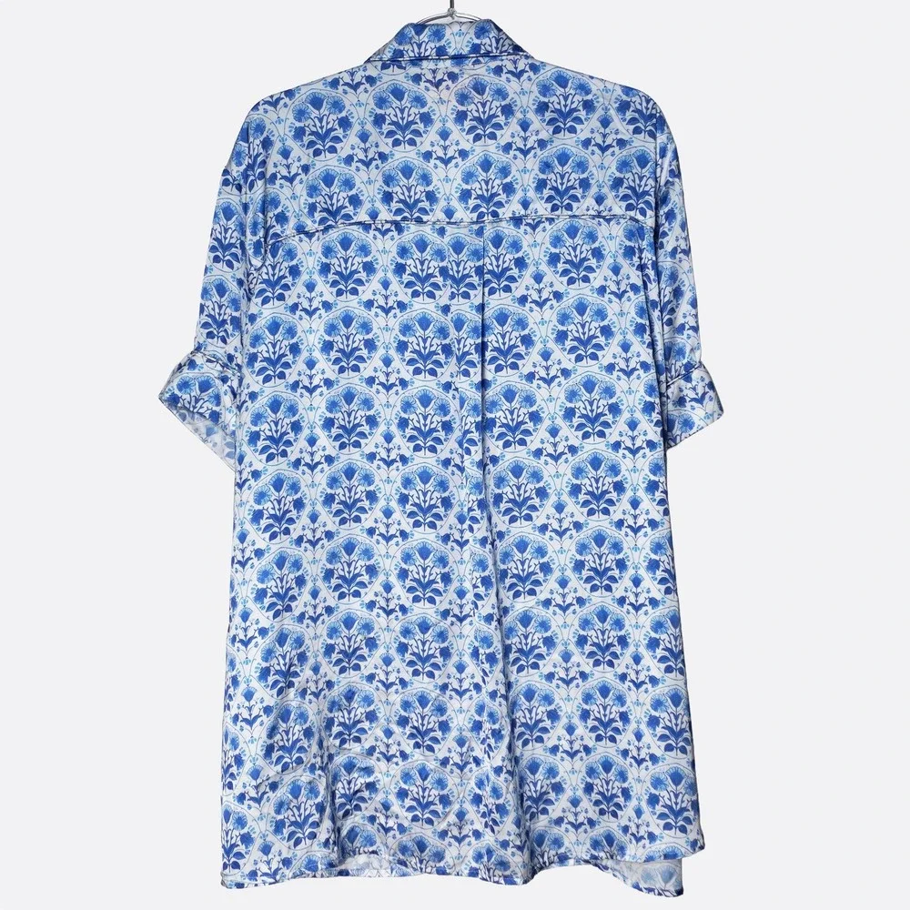 Show Me Your Mumu Satin Button Up Top Plus 3X 22 24 Floral Blue White Blouse - Picture 3 of 9